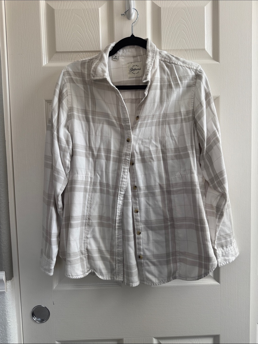 Jachs White and Light Gray Plaid Button-Down Shirt    - Medium